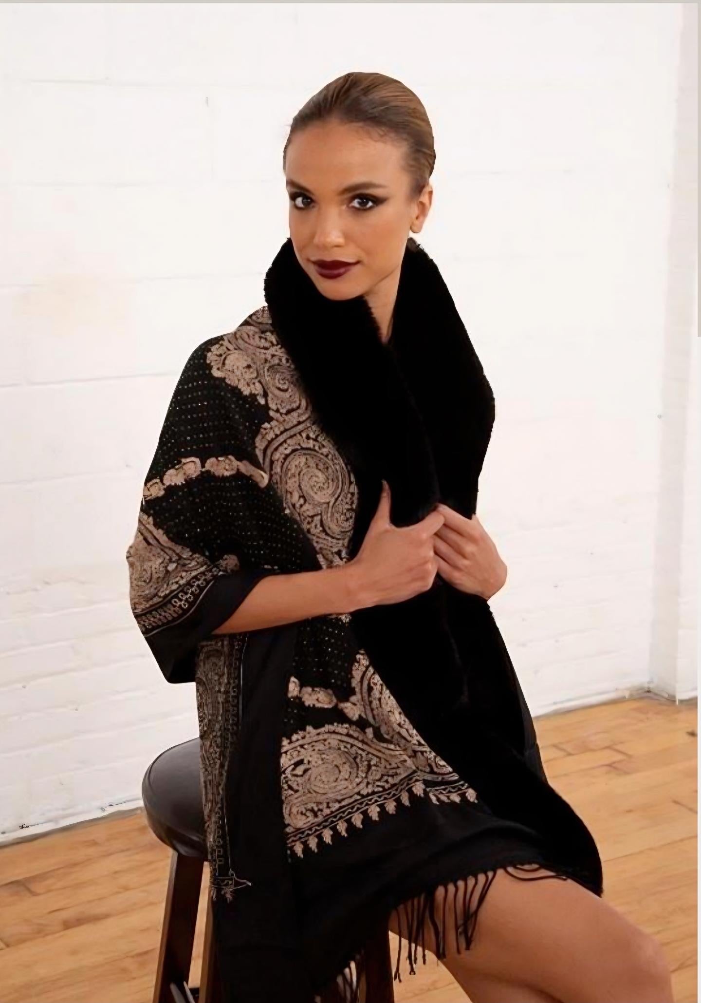 Embroidered Wrap w/ Faux Fur Trim