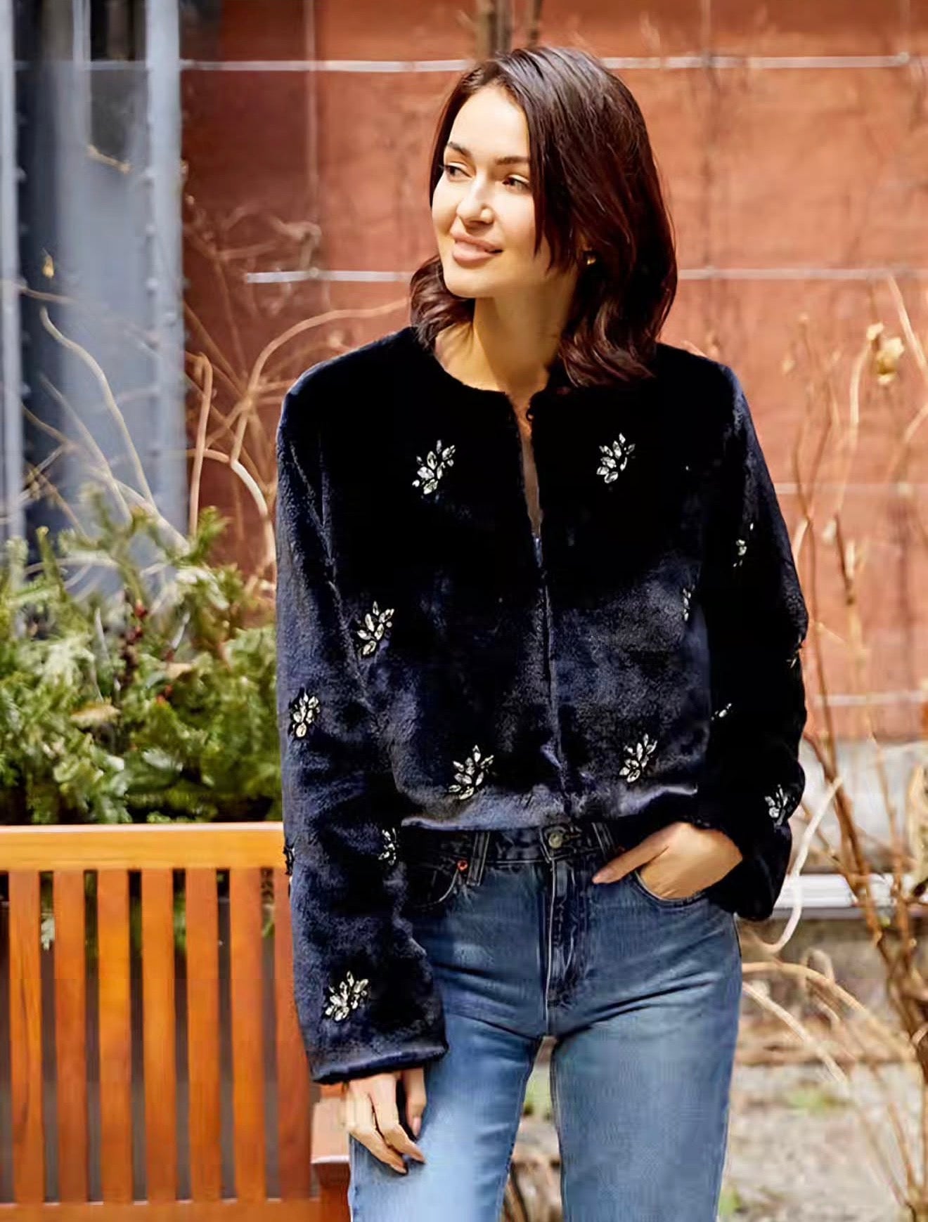 DH New York Monique Crystal-Embellished Faux-Fur Jacket