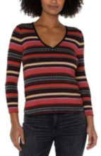 Liverpool LA - Tori Three Quarter Sleeve V-Neck, Contrast Striping Top
