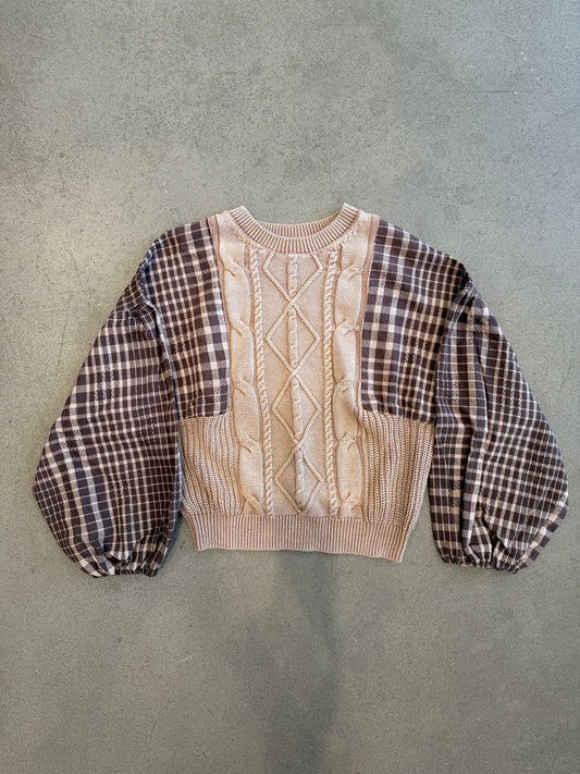 FATE - Neutral Knit Sweater with Plaid Sleeves