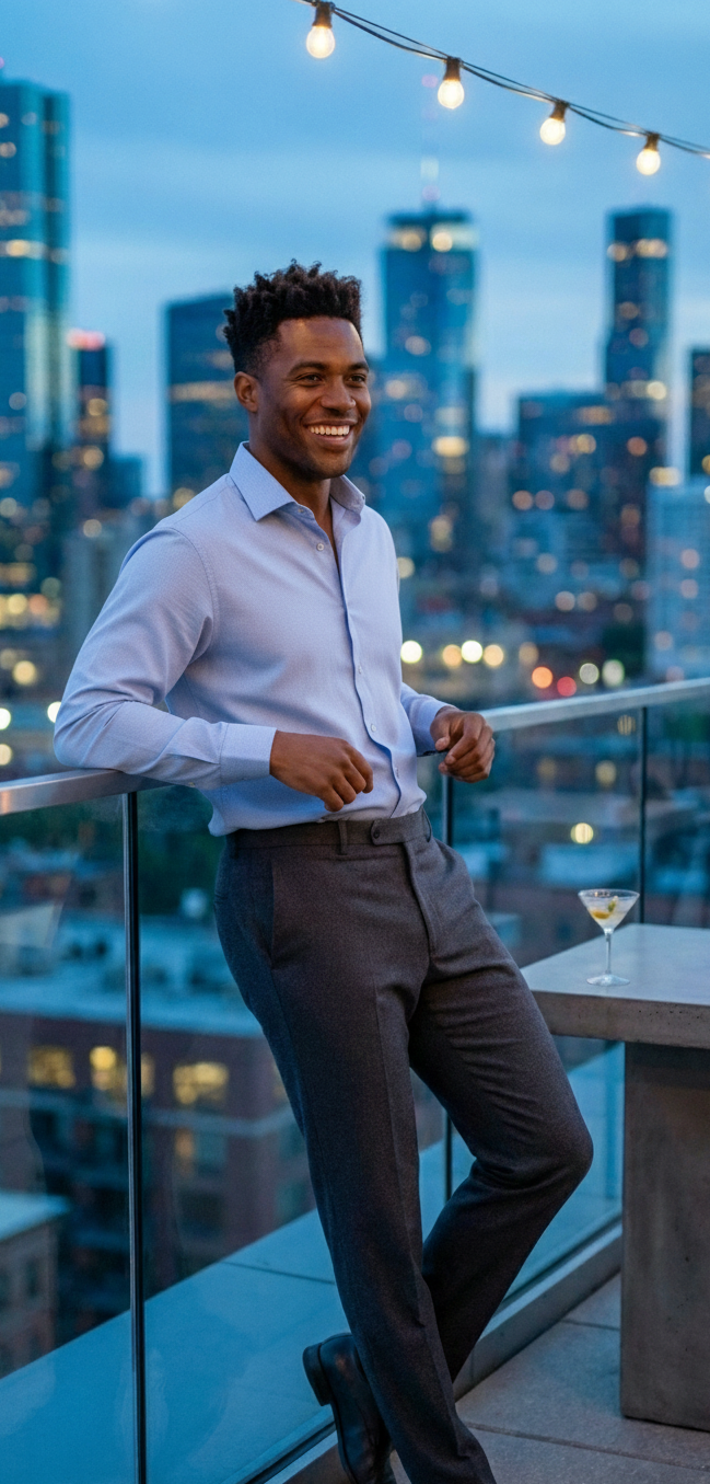 Man standing on a rooftop with city skyline in the background