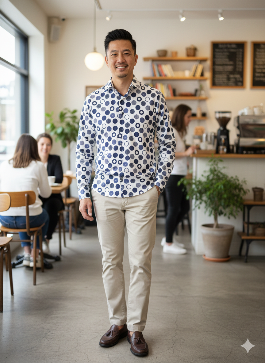 Man in a polka dot shirt standing in a cafe