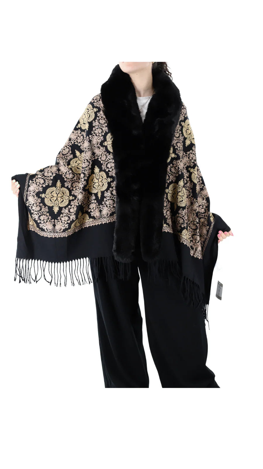 Embroidered Wrap w/ Faux Fur Trim
